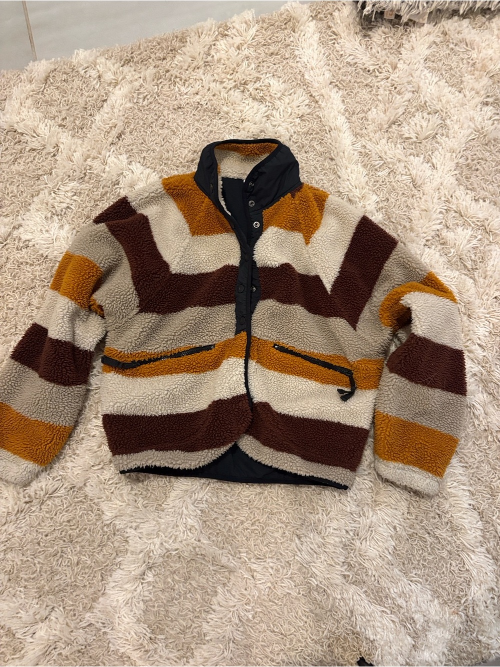Free People Striped Sherpa Jacket in Brown, Cream & Mustard